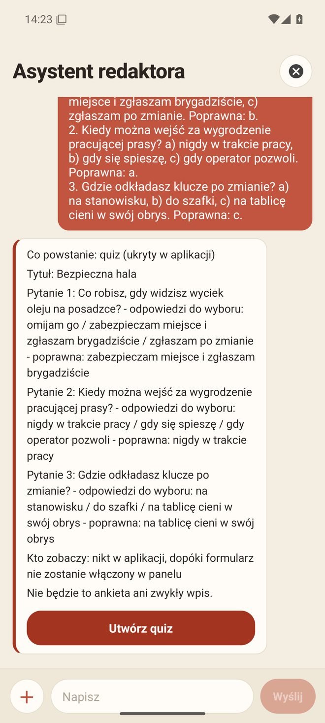 Karta quizu BHP z trzema pytaniami przed założeniem