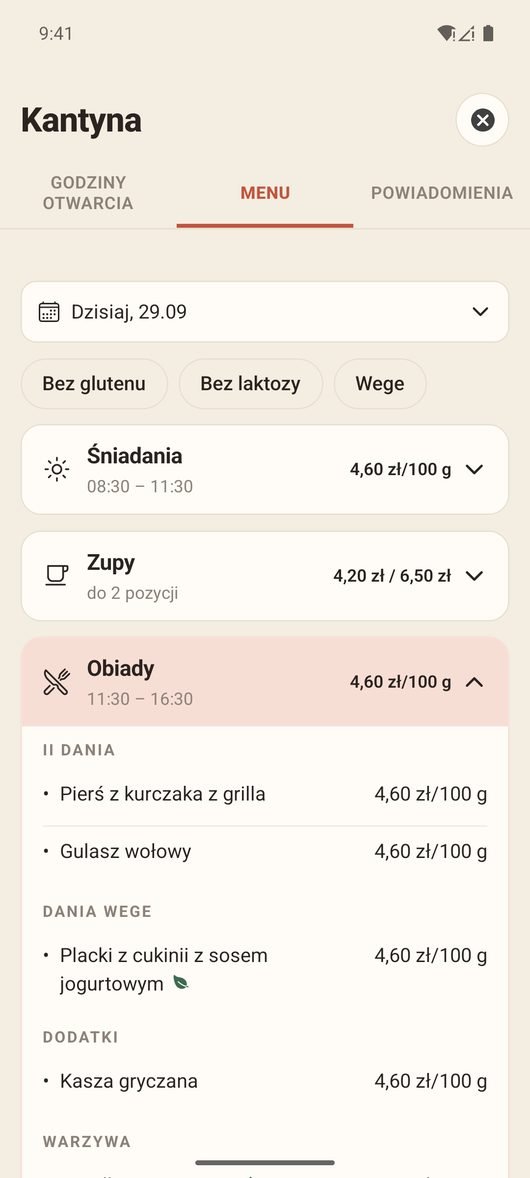 Menu dnia w aplikacji