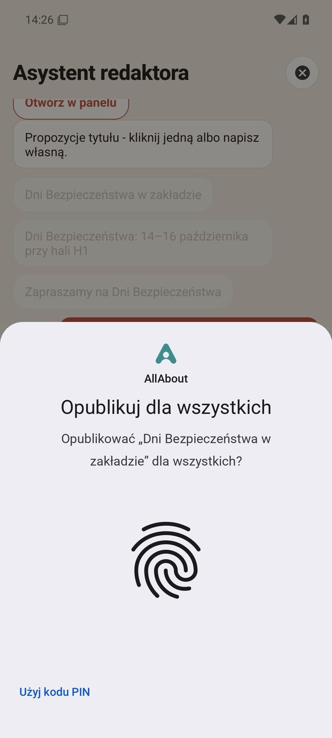 Ilustracja systemowego okna Androida z prośbą o odcisk palca nad rozmową z asystentem